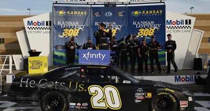KANSAS CITY, KANSAS - SEPTEMBER 28: Aric Almirola, driver of the #20 He Gets Us Toyota, celebrates in victory lane after winning the NASCAR Xfinity Series Kansas Lottery 300 at Kansas Speedway on September 28, 2024 in Kansas City, Kansas. (Photo by Chris Graythen/Getty Images) | Getty Images