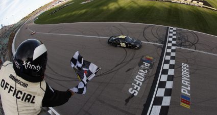 KANSAS CITY, KANSAS - SEPTEMBER 28: Aric Almirola, driver of the #20 He Gets Us Toyota, crosses the finish line to win the NASCAR Xfinity Series Kansas Lottery 300 at Kansas Speedway on September 28, 2024 in Kansas City, Kansas. (Photo by Sean Gardner/Getty Images) | Getty Images