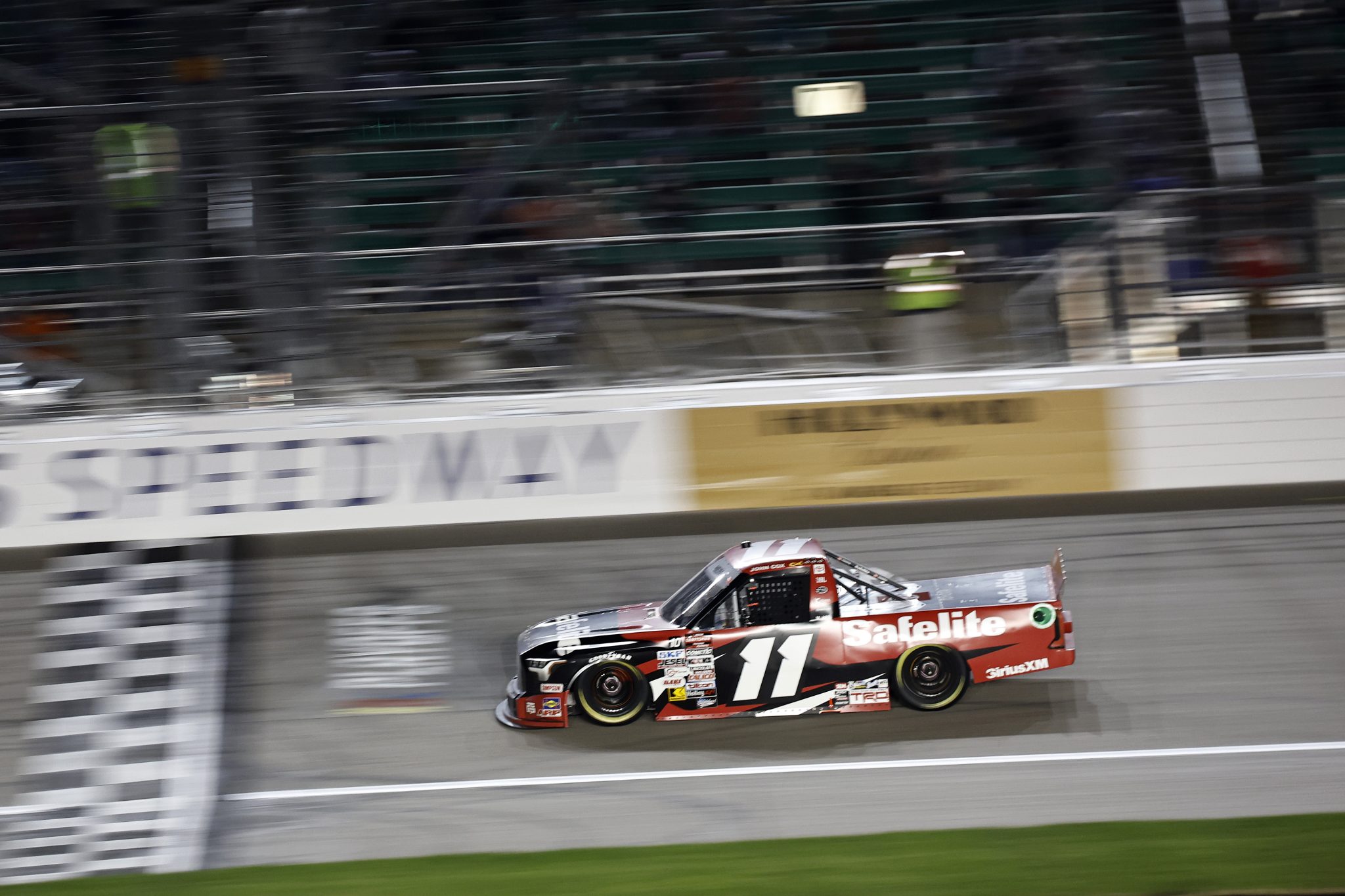 KANSAS CITY, KANSAS - SEPTEMBER 27: Corey Heim, driver of the #11 Safelite Toyota, drives during the NASCAR Craftsman Truck Series Kubota Tractor 200 at Kansas Speedway on September 27, 2024 in Kansas City, Kansas. (Photo by Chris Graythen/Getty Images) | Getty Images