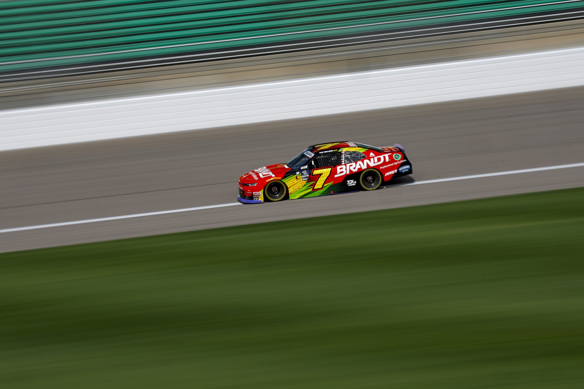KANSAS CITY, KANSAS - SEPTEMBER 28: Justin Allgaier, driver of the #7 BRANDT Chevrolet, drives during practice for the NASCAR Xfinity Series Kansas Lottery 300 at Kansas Speedway on September 28, 2024 in Kansas City, Kansas. (Photo by Chris Graythen/Getty Images) | Getty Images