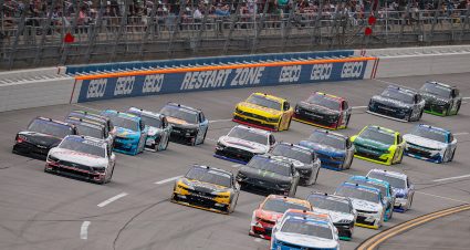 TALLADEGA, ALABAMA - APRIL 20: Austin Hill, driver of the #21 Bennett Transportation Chevrolet, leads the field during the NASCAR Xfinity Series Ag-Pro 300 at Talladega Superspeedway on April 20, 2024 in Talladega, Alabama. (Photo by James Gilbert/Getty Images) | Getty Images