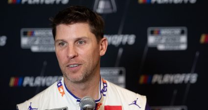 CHARLOTTE, NORTH CAROLINA - SEPTEMBER 04: Denny Hamlin speaks with the media during NASCAR Cup Series Playoff Media Day at the Charlotte Convention Center on September 04, 2024 in Charlotte, North Carolina. (Photo by Jacob Kupferman/Getty Images) | Getty Images