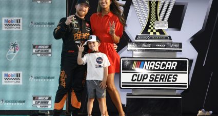 HOMESTEAD, FLORIDA - OCTOBER 27: Tyler Reddick, driver of the #45 The Beast Killer Sunrise Toyota, celebrates with his wife, Alexa De Leon and son Beau Reddick in victory lane after winning the NASCAR Cup Series Straight Talk Wireless 400 at Homestead-Miami Speedway on October 27, 2024 in Homestead, Florida. (Photo by Sean Gardner/Getty Images) | Getty Images