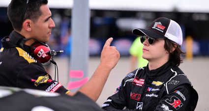 MADISON, ILLINOIS - MAY 31: Vicente Salas, driver of the #91 SERVPRO/Pape Material Handling Chevrolet, speaks to a crew member on the grid during practice for the NASCAR Craftsman Truck Series Toyota 200 at WWT Raceway on May 31, 2024 in Madison, Illinois. (Photo by Logan Riely/Getty Images) | Getty Images
