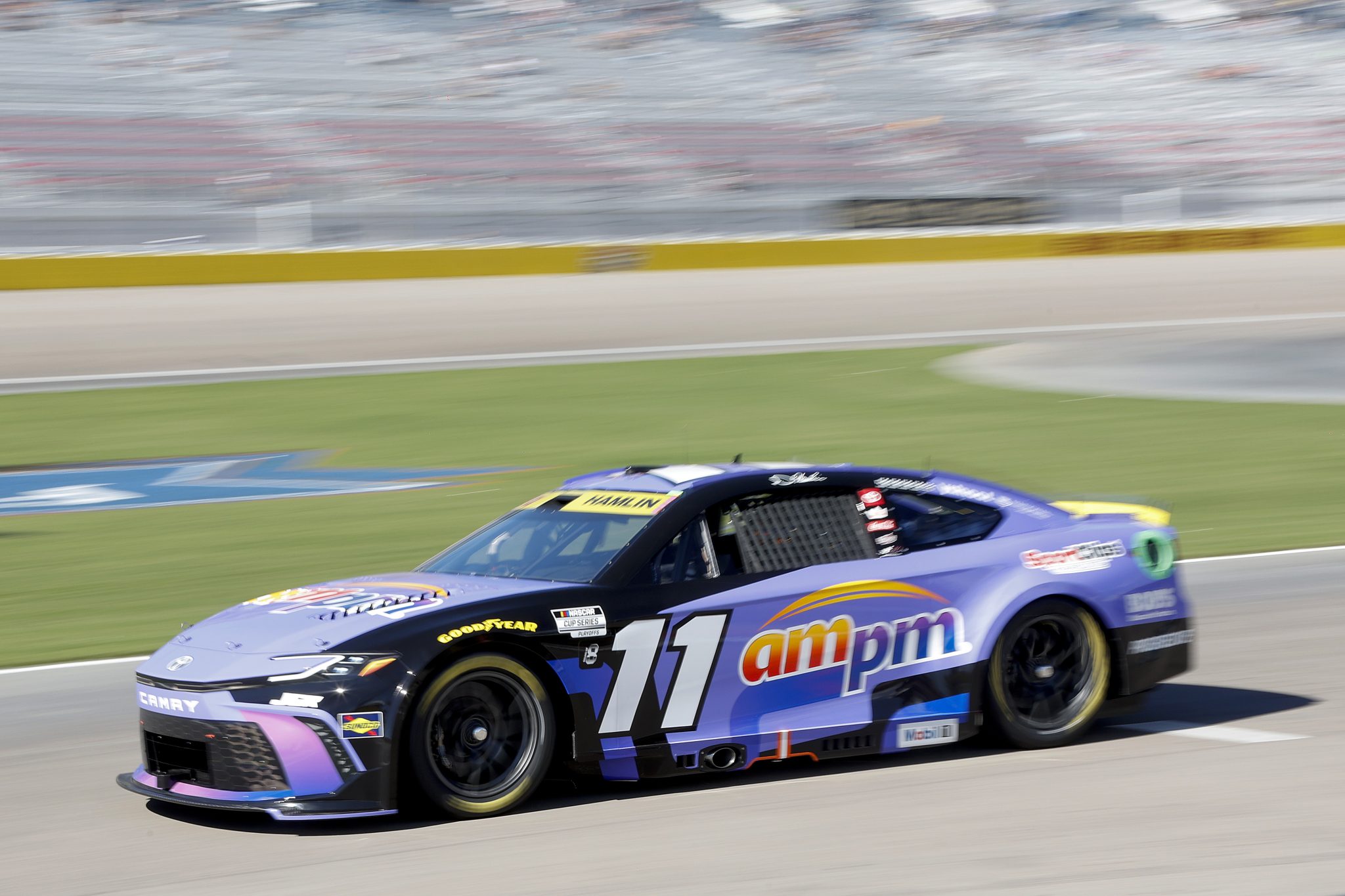 LAS VEGAS, NEVADA - OCTOBER 11: Denny Hamlin, driver of the #11 ampm Toyota, enters the track during practice for the NASCAR Cup Series South Point 400 at Las Vegas Motor Speedway on October 11, 2025 in Las Vegas, Nevada. (Photo by Logan Riely/Getty Images) | Getty Images