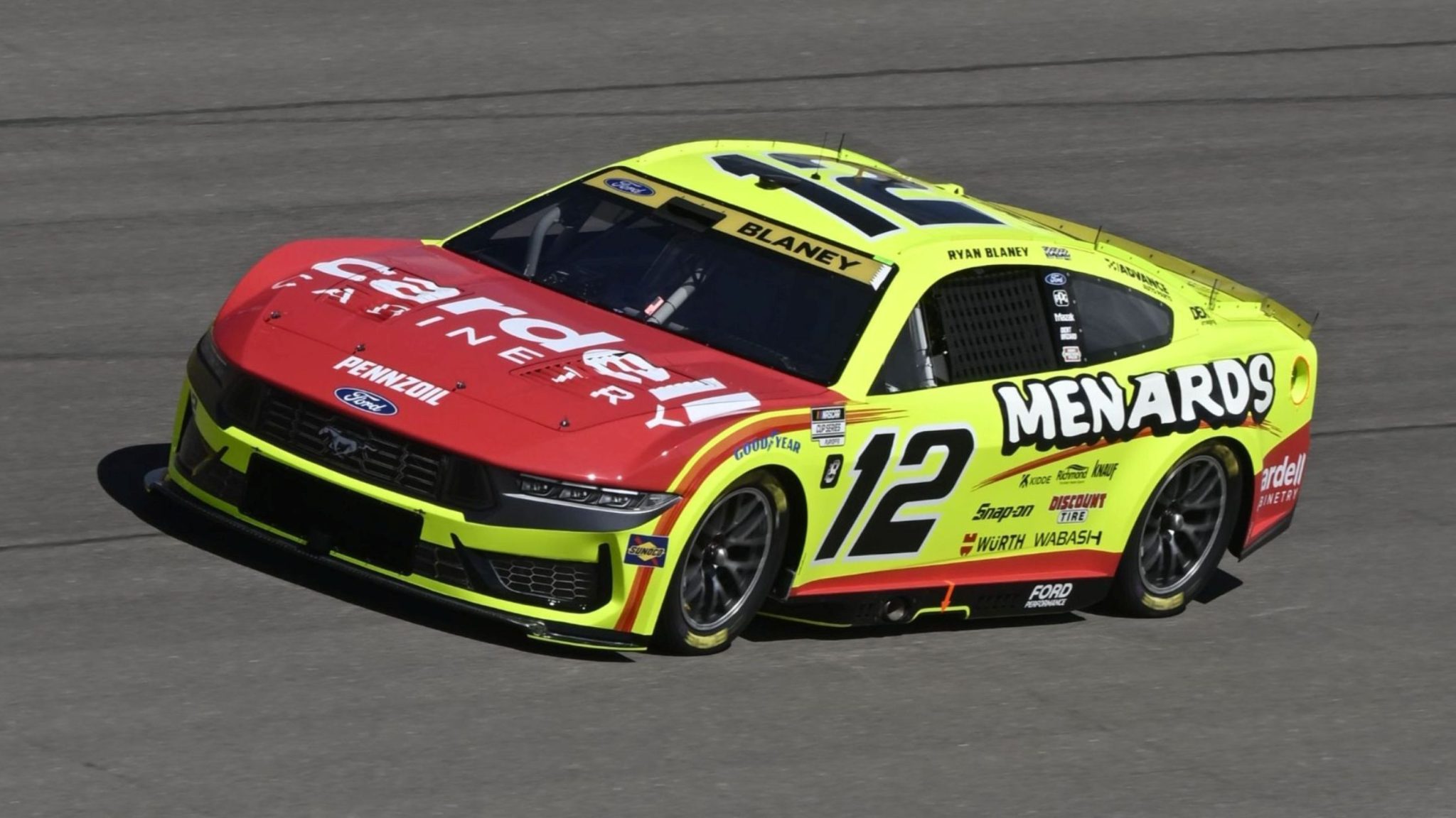 LAS VEGAS, NEVADA - OCTOBER 11: Ryan Blaney, driver of the #12 Menards / Cardell Cabinetry Ford, drives during practice for the NASCAR Cup Series South Point 400 at Las Vegas Motor Speedway on October 11, 2025 in Las Vegas, Nevada. Photo from Team Penske.