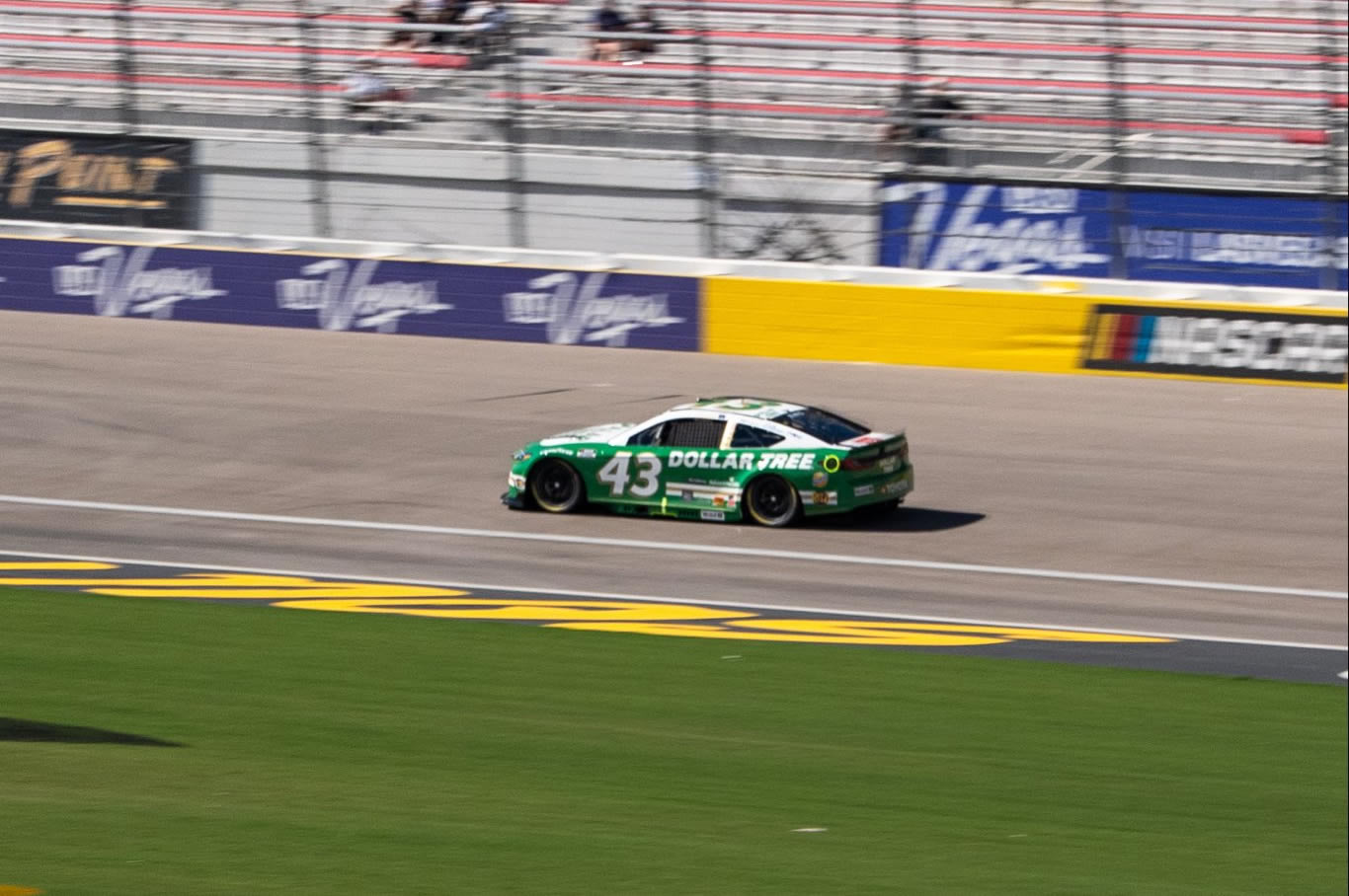 LAS VEGAS, NEVADA - OCTOBER 11: Erik Jones, driver of the #43 Dollar Tree Toyota, drives during practice for the NASCAR Cup Series South Point 400 at Las Vegas Motor Speedway on October 11, 2025 in Las Vegas, Nevada. Photo from Legacy Motor Club.