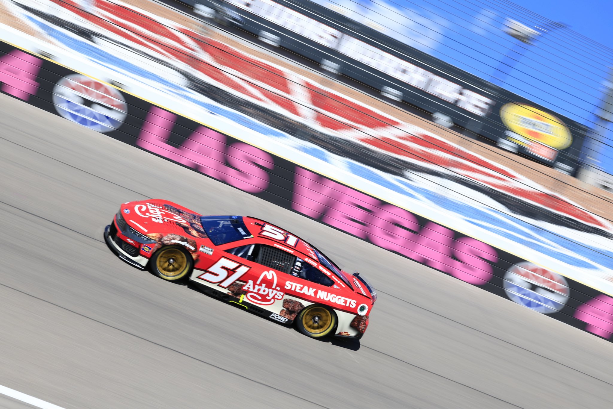 LAS VEGAS, NEVADA - OCTOBER 11: Cody Ware, driver of the #51 Arby's Ford, drives during practice for the NASCAR Cup Series South Point 400 at Las Vegas Motor Speedway on October 11, 2025 in Las Vegas, Nevada. Photo from Rick Ware Racing.