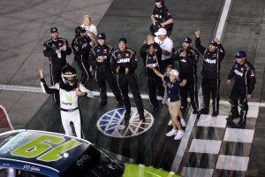 LAS VEGAS, NEVADA - OCTOBER 11: Aric Almirola, driver of the #19 Young Life Toyota, celebrates after winning the NASCAR Xfinity SeriesFocused Health 302 at Las Vegas Motor Speedway on October 11, 2025 in Las Vegas, Nevada. (Photo by Chris Graythen/Getty Images) | Getty Images