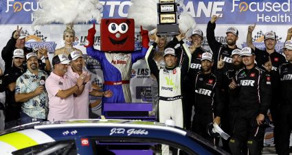 LAS VEGAS, NEVADA - OCTOBER 11: Aric Almirola, driver of the #19 Young Life Toyota, celebrates in victory lane after winning the NASCAR Xfinity SeriesFocused Health 302 at Las Vegas Motor Speedway on October 11, 2025 in Las Vegas, Nevada. (Photo by Logan Riely/Getty Images) | Getty Images