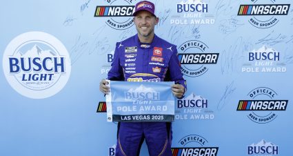 LAS VEGAS, NEVADA - OCTOBER 11: Denny Hamlin, driver of the #11 ampm Toyota, poses for photos after winning the pole award 
 during qualifying for the NASCAR Cup Series South Point 400 at Las Vegas Motor Speedway on October 11, 2025 in Las Vegas, Nevada. (Photo by Logan Riely/Getty Images) | Getty Images