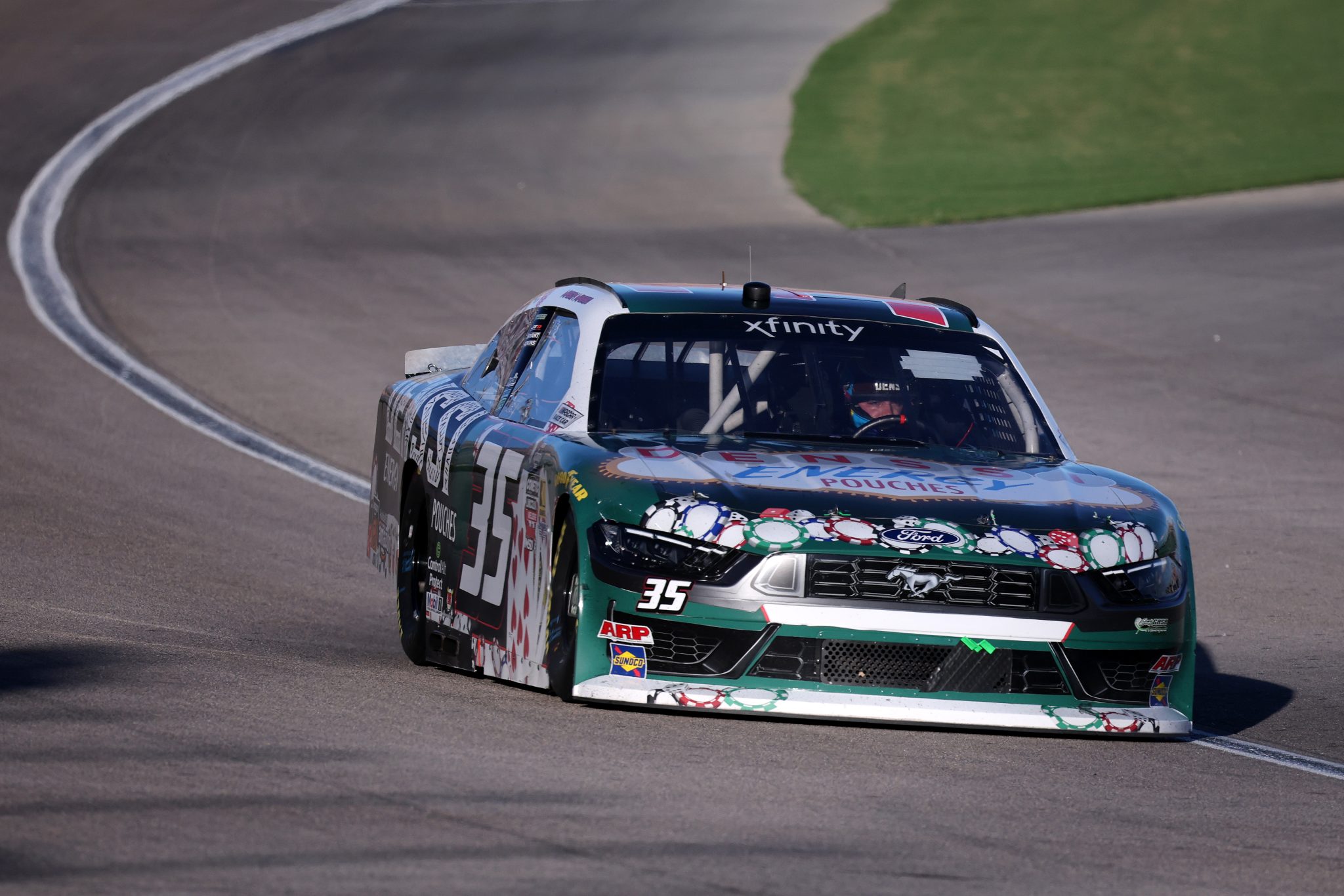 LAS VEGAS, NEVADA - OCTOBER 11: Mason Maggio, driver of the #35 Denssi Energy Pouches Ford, drives during the NASCAR Xfinity SeriesFocused Health 302 at Las Vegas Motor Speedway on October 11, 2025 in Las Vegas, Nevada. (Photo by Chris Graythen/Getty Images) | Getty Images