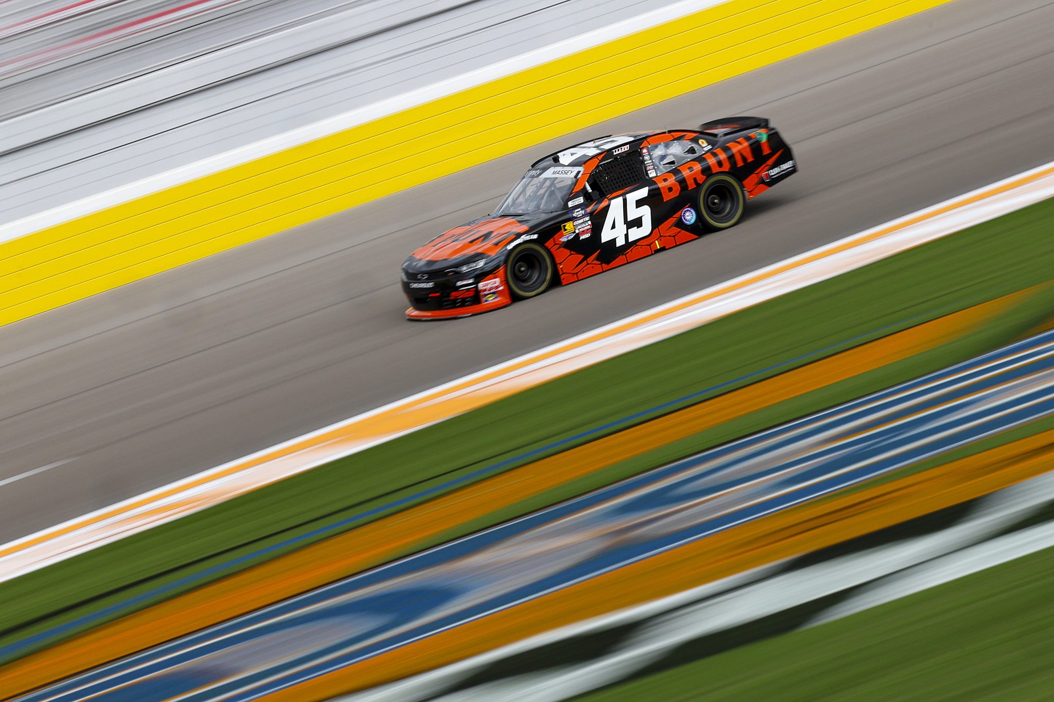 LAS VEGAS, NEVADA - OCTOBER 11: Mason Massey, driver of the #45 Brunt Chevrolet, drives during the NASCAR Xfinity Series Focused Health 302 at Las Vegas Motor Speedway on October 11, 2025 in Las Vegas, Nevada. (Photo by Logan Riely/Getty Images) | Getty Images