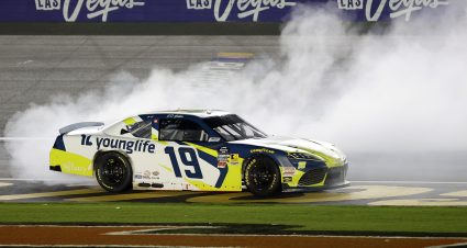 LAS VEGAS, NEVADA - OCTOBER 11: Aric Almirola, driver of the #19 Young Life Toyota, celebrates with a burnout after winning  the NASCAR Xfinity SeriesFocused Health 302 at Las Vegas Motor Speedway on October 11, 2025 in Las Vegas, Nevada. (Photo by Logan Riely/Getty Images) | Getty Images