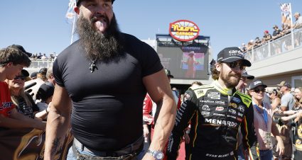 LAS VEGAS, NEVADA - OCTOBER 12: WWE wrestler Damian Priest and Ryan Blaney, driver of the #12 Menards/Cardell Cabinetry Ford, walk the red carpet prior to the NASCAR Cup Series South Point 400 at Las Vegas Motor Speedway on October 12, 2025 in Las Vegas, Nevada. (Photo by Logan Riely/Getty Images) | Getty Images