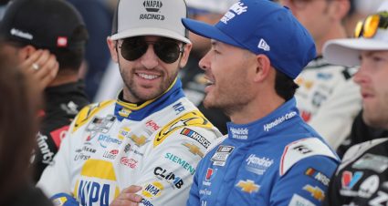 LAS VEGAS, NEVADA - MARCH 16: Chase Elliott, driver of the #9 NAPA Auto Parts Chevrolet, talks with Kyle Larson, driver of the #5 HendrickCars.com Chevrolet, during the drivers meeting prior to the NASCAR Cup Series Pennzoil 400 at Las Vegas Motor Speedway on March 16, 2025 in Las Vegas, Nevada. (Photo by Jonathan Bachman/Getty Images) | Getty Images