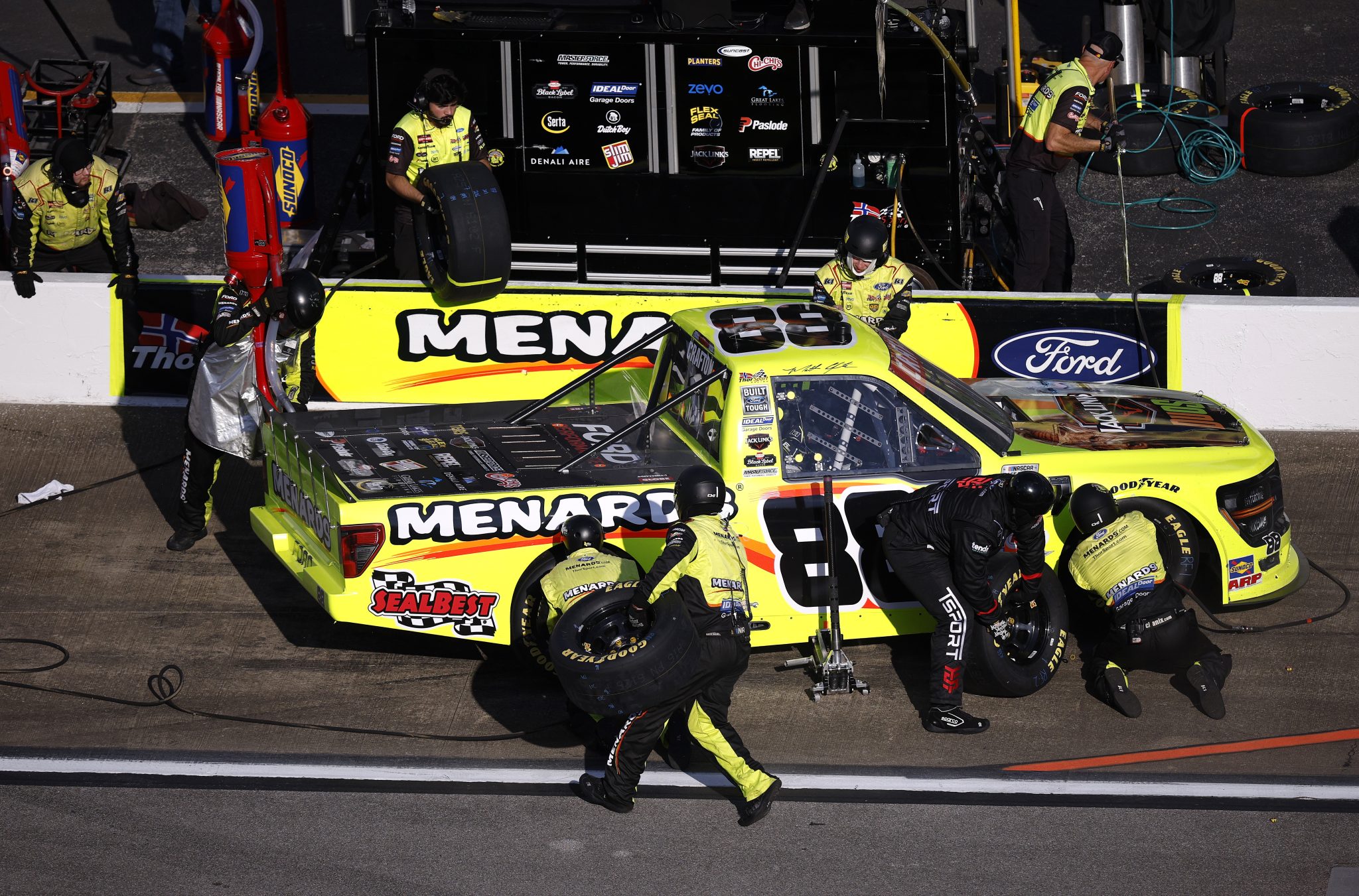 TALLADEGA, ALABAMA - OCTOBER 17: Matt Crafton, driver of the #88 Jack Links/Menards Ford, pits during the NASCAR Craftsman Truck Series Love's RV Stop 225 at Talladega Superspeedway on October 17, 2025 in Talladega, Alabama. (Photo by Sean Gardner/Getty Images) | Getty Images