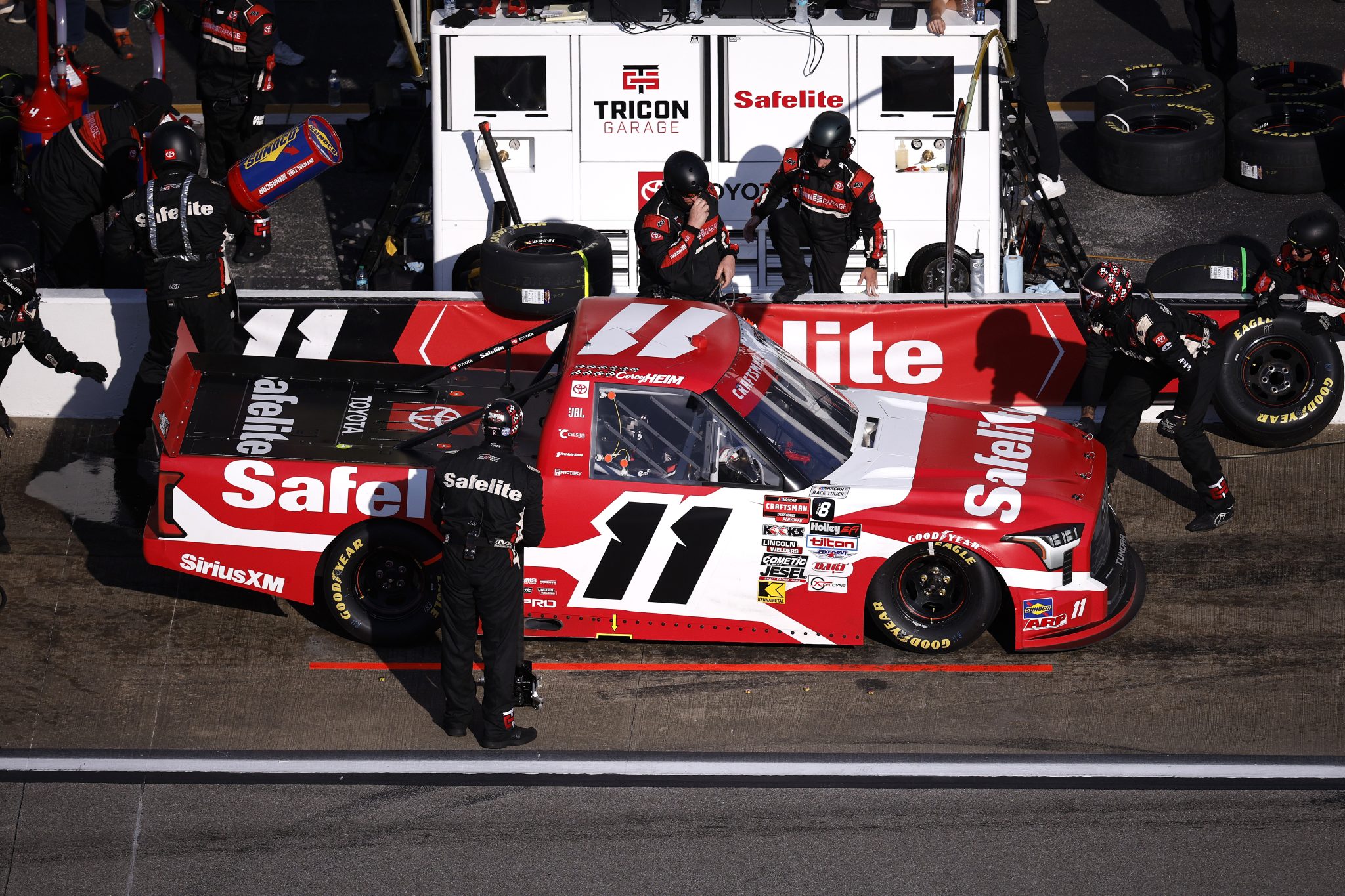 TALLADEGA, ALABAMA - OCTOBER 17: Corey Heim, driver of the #11 Safelite Toyota, pits during the NASCAR Craftsman Truck Series Love's RV Stop 225 at Talladega Superspeedway on October 17, 2025 in Talladega, Alabama. (Photo by Sean Gardner/Getty Images) | Getty Images
