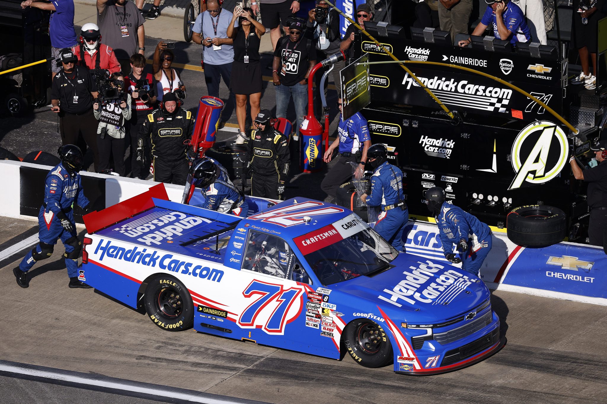 TALLADEGA, ALABAMA - OCTOBER 17: Rajah Caruth, driver of the #71 HendrickCars.com Chevrolet, pits during the NASCAR Craftsman Truck Series Love's RV Stop 225 at Talladega Superspeedway on October 17, 2025 in Talladega, Alabama. (Photo by Sean Gardner/Getty Images) | Getty Images
