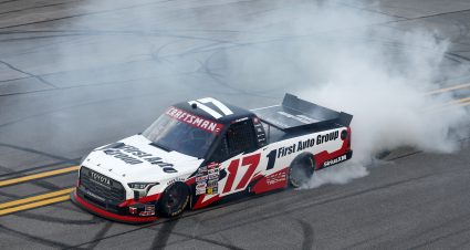 TALLADEGA, ALABAMA - OCTOBER 17: Giovanni Ruggiero, driver of the #17 First Auto Group Toyota, celebrates with a burnout after winning the NASCAR Craftsman Truck Series Love's RV Stop 225 at Talladega Superspeedway on October 17, 2025 in Talladega, Alabama. (Photo by Sean Gardner/Getty Images) | Getty Images