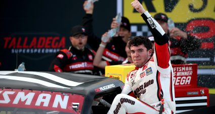 TALLADEGA, ALABAMA - OCTOBER 17: Giovanni Ruggiero, driver of the #17 First Auto Group Toyota, celebrates in victory lane after winning the NASCAR Craftsman Truck Series Love's RV Stop 225 at Talladega Superspeedway on October 17, 2025 in Talladega, Alabama. (Photo by Chris Graythen/Getty Images) | Getty Images