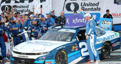TALLADEGA, ALABAMA - OCTOBER 18: Austin Hill, driver of the #21 Bennett Transportation Chevrolet, celebrates in victory lane after winning during the NASCAR Xfinity Series United Rentals 250 at Talladega Superspeedway on October 18, 2025 in Talladega, Alabama. (Photo by Chris Graythen/Getty Images) | Getty Images