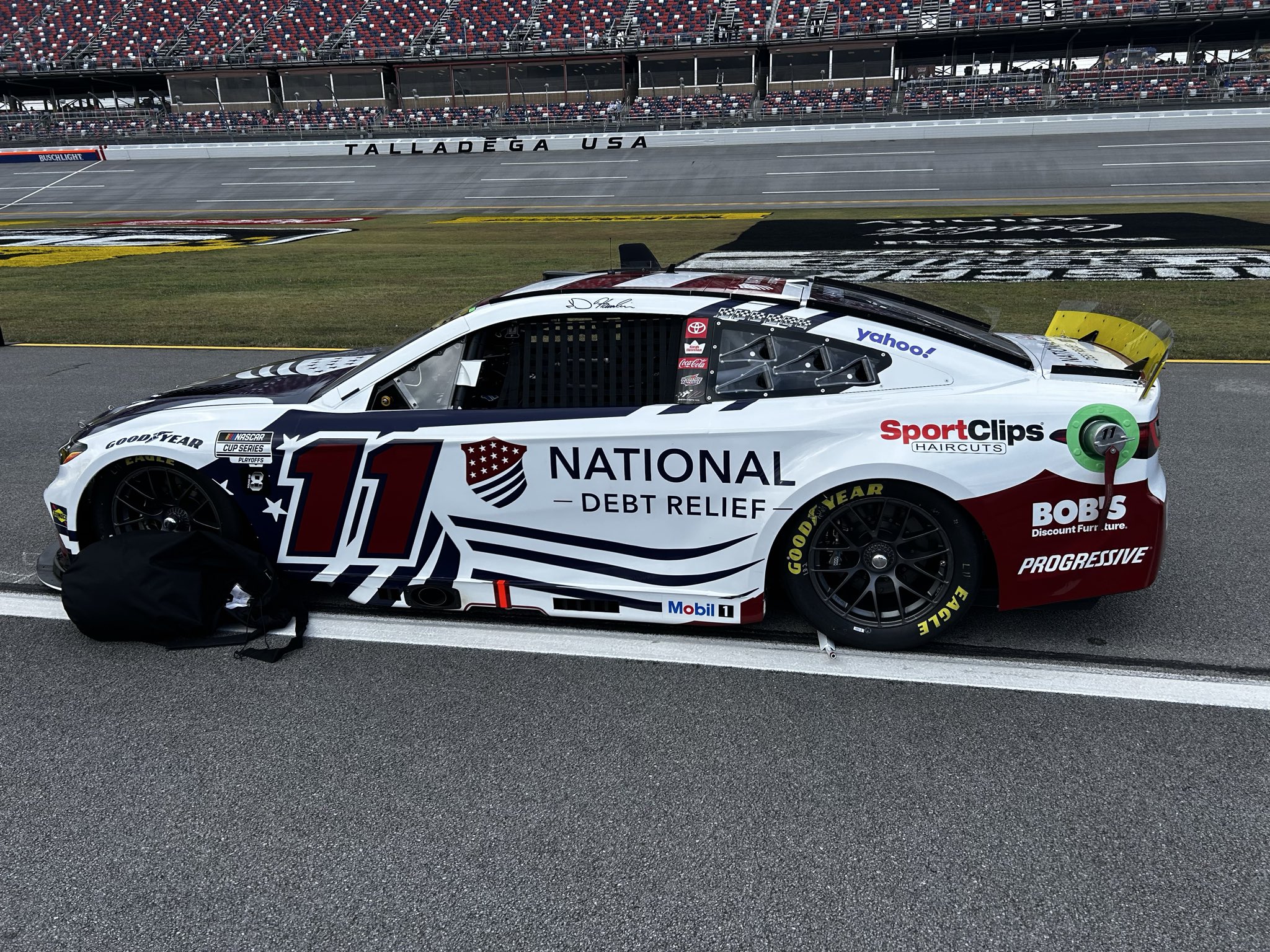 Denny Hamlin's #11 National Debt Relief Toyota. Taken prior to the YellaWood 500 NASCAR Cup Series race at Talladega Superspeedway on October 19, 2025 by Dustin Albino of Jayski.com.