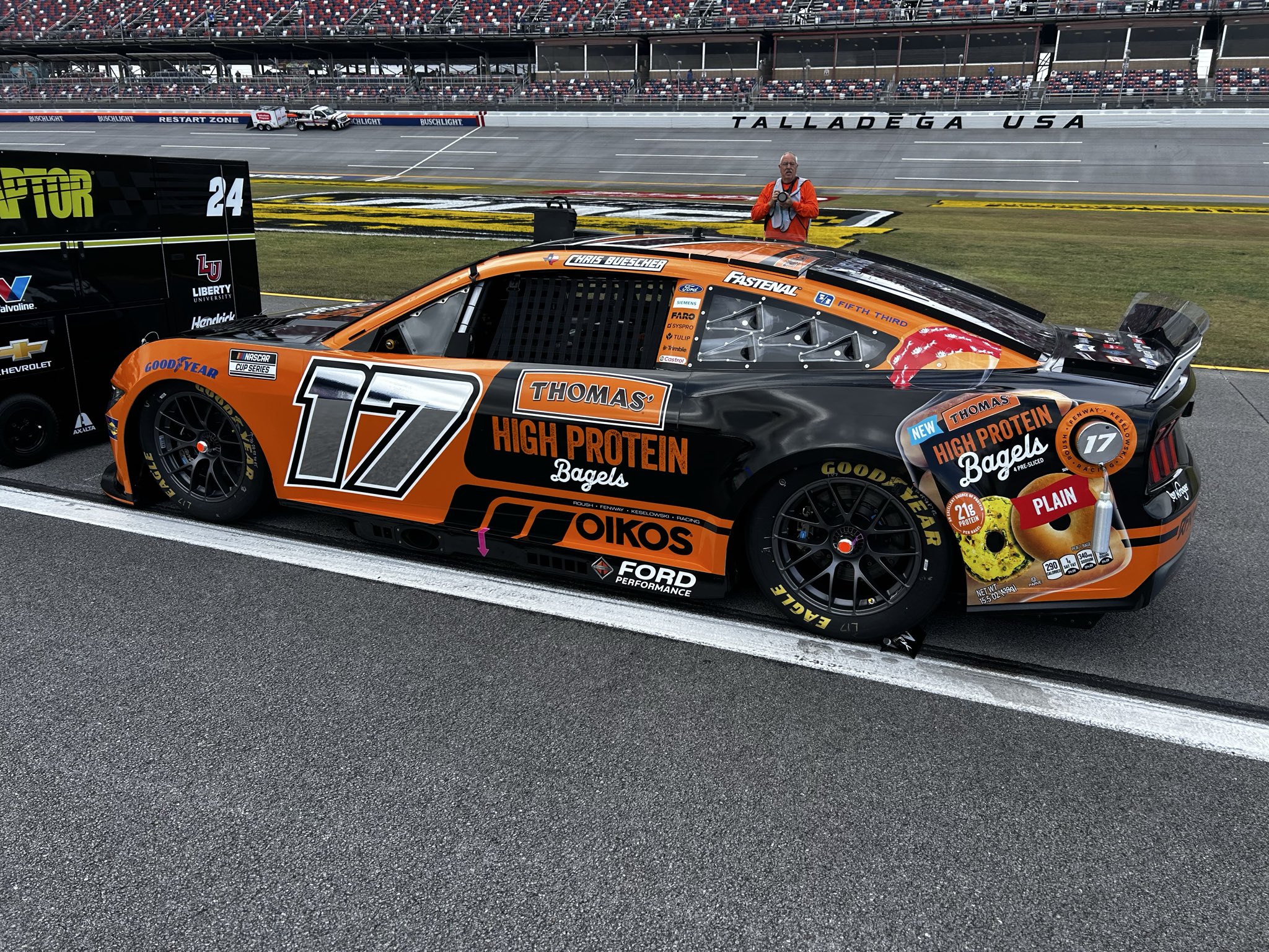 Chris Buescher's #17 Kroger / Thomas High Protein Bagels Ford. Taken prior to the YellaWood 500 NASCAR Cup Series race at Talladega Superspeedway on October 19, 2025 by Dustin Albino of Jayski.com.