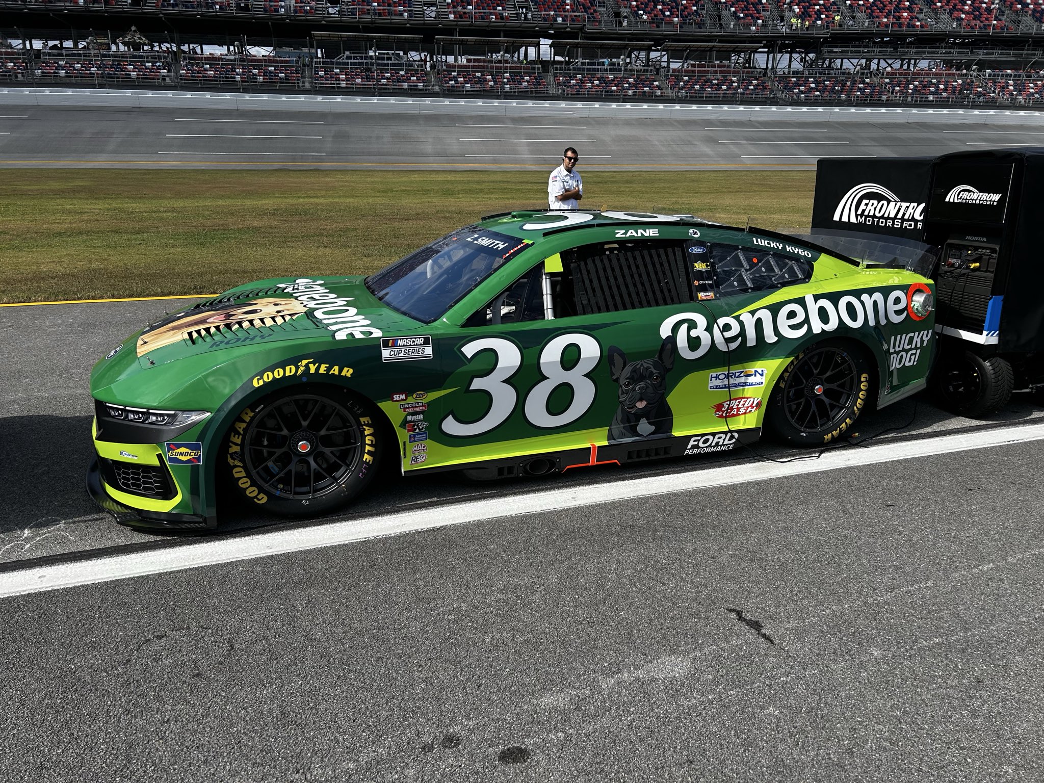 Zane Smith's #38 Benebone Ford. Taken prior to the YellaWood 500 NASCAR Cup Series race at Talladega Superspeedway on October 19, 2025 by Dustin Albino of Jayski.com.