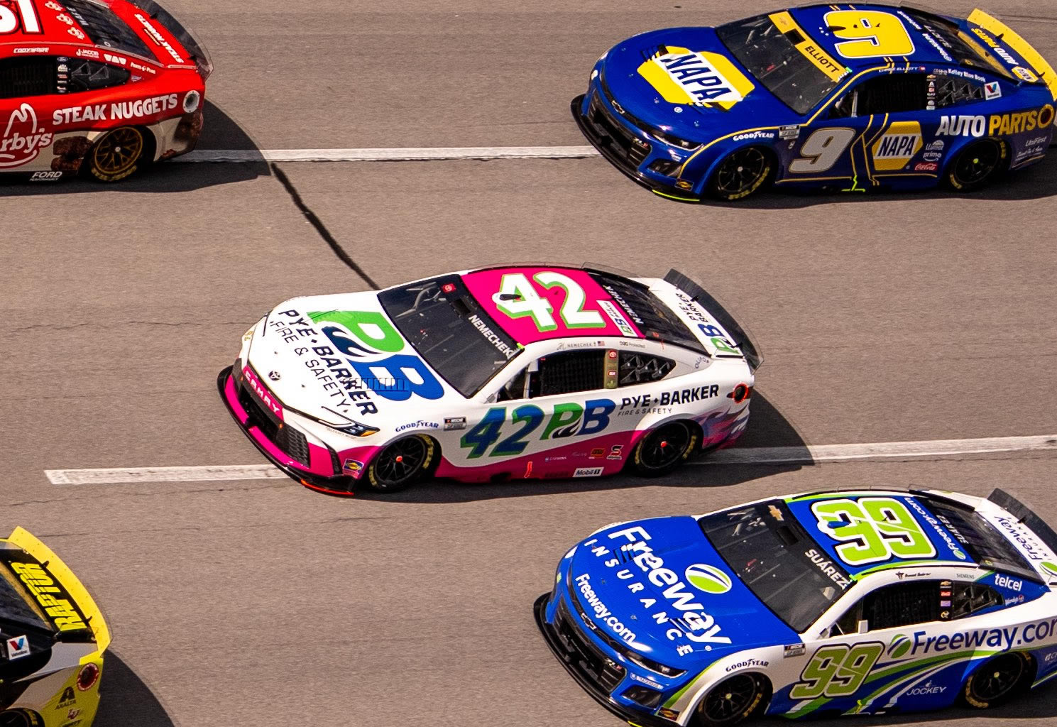John Hunter Nemechek, driver of the #42 Pye Barker Fire & Safety Toyota during the YellaWood 500 NASCAR Cup Series race at Talladega Superspeedway on Octobrer 19, 2025. Image from Legacy Motor Club