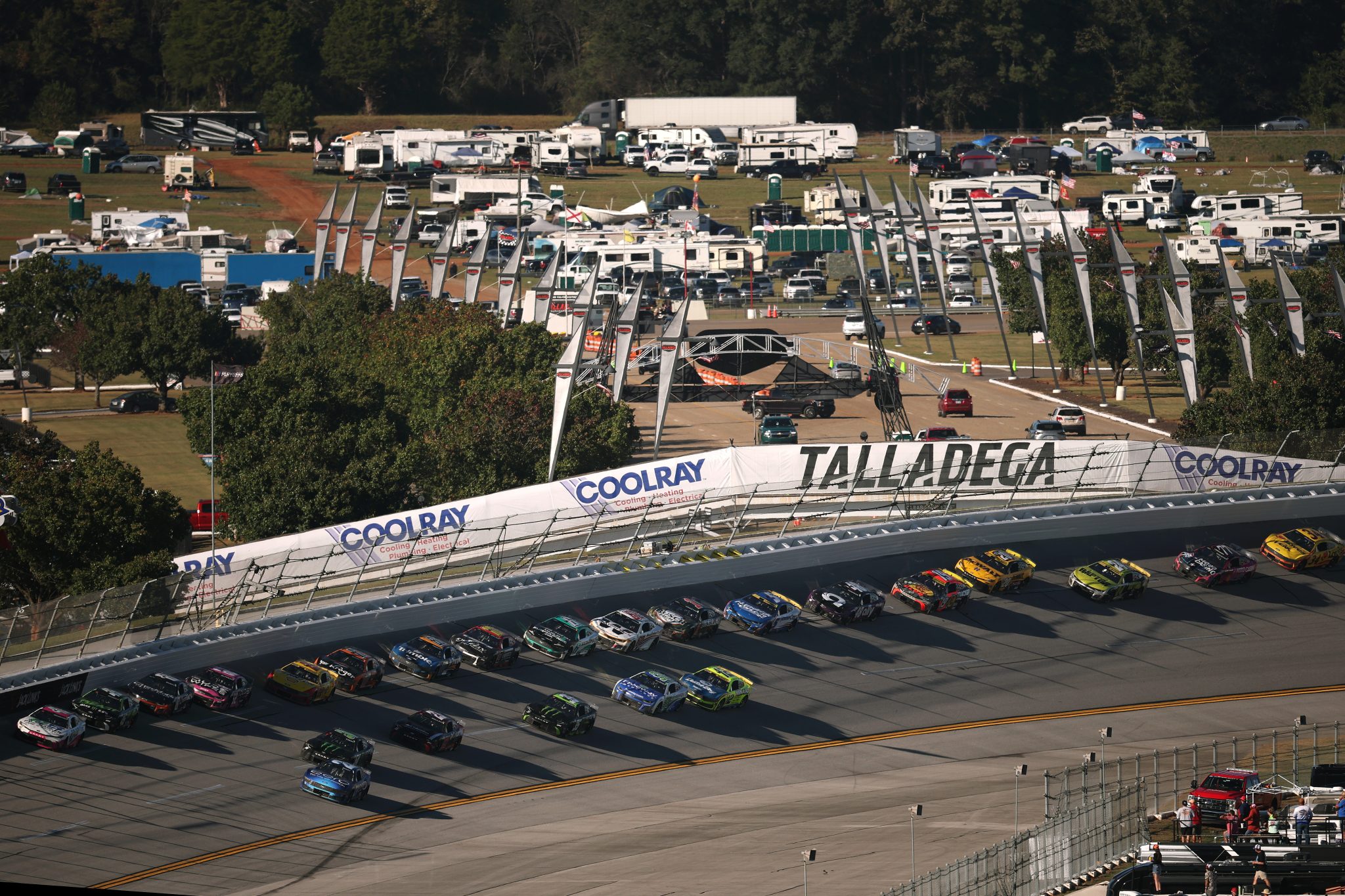 TALLADEGA, ALABAMA - OCTOBER 19: A general view of racing during the NASCAR Cup Series YellaWood 500 at Talladega Superspeedway on October 19, 2025 in Talladega, Alabama. (Photo by Chris Graythen/Getty Images) | Getty Images