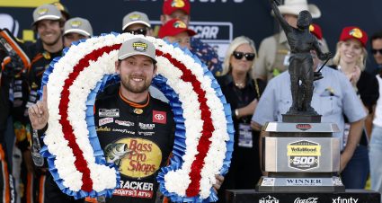 TALLADEGA, ALABAMA - OCTOBER 19: Chase Briscoe, driver of the #19 Bass Pro Shops Toyota, celebrates in victory lane after winning the NASCAR Cup Series YellaWood 500 at Talladega Superspeedway on October 19, 2025 in Talladega, Alabama. (Photo by Sean Gardner/Getty Images) | Getty Images