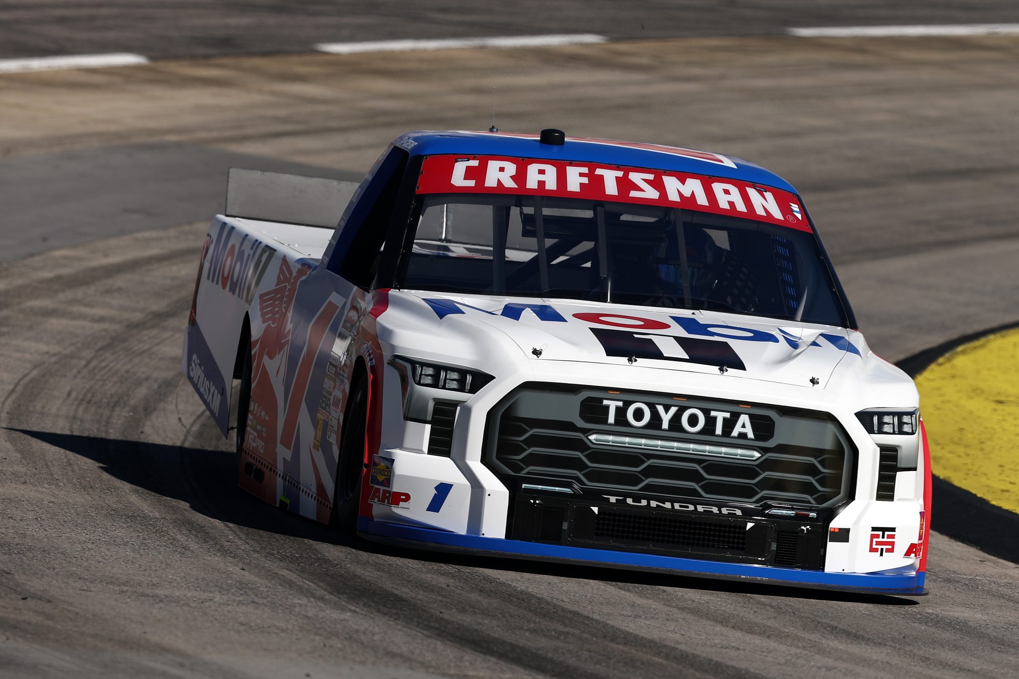 MARTINSVILLE, VIRGINIA - OCTOBER 24: Brent Crews, driver of the #1 Mobil 1 Toyota, drives during practice for the NASCAR Craftsman Truck Series Slim Jim 200 at Martinsville Speedway on October 24, 2025 in Martinsville, Virginia. (Photo by Jared C. Tilton/Getty Images) | Getty Images