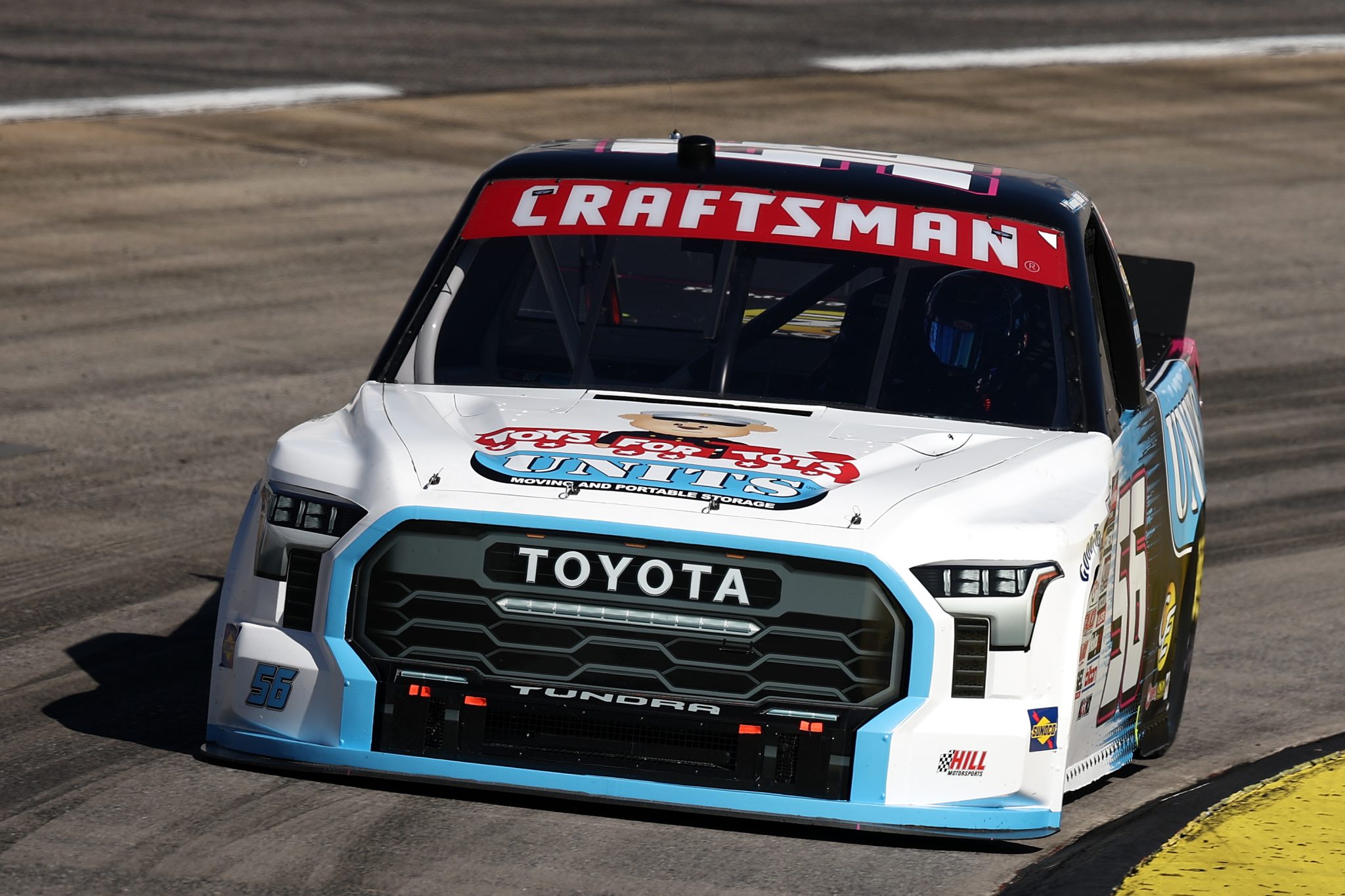 MARTINSVILLE, VIRGINIA - OCTOBER 24: Timmy Hill, driver of the #56 UNITS/Toys for Tots Toyota, drives during practice for the NASCAR Craftsman Truck Series Slim Jim 200 at Martinsville Speedway on October 24, 2025 in Martinsville, Virginia. (Photo by Jared C. Tilton/Getty Images) | Getty Images