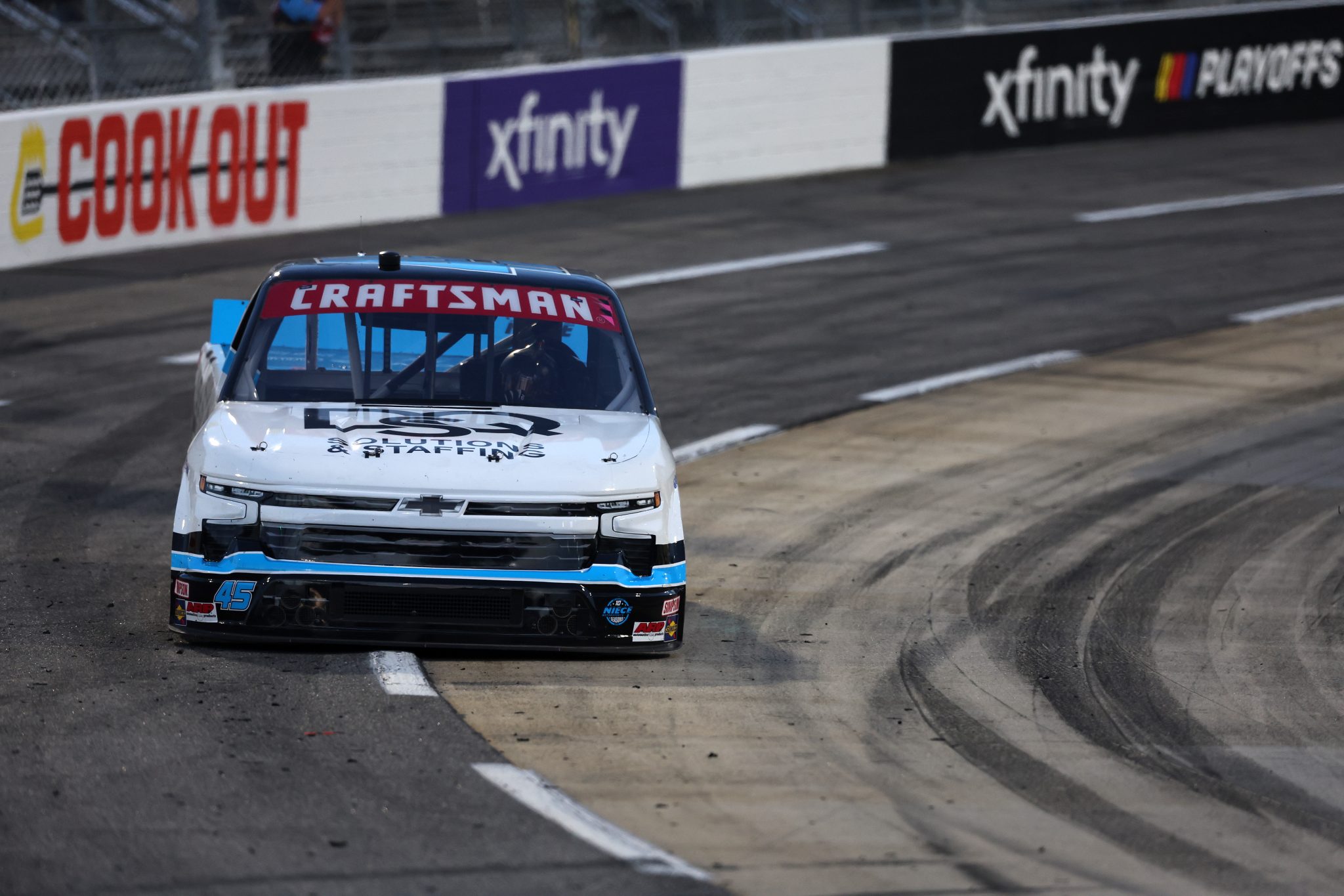 MARTINSVILLE, VIRGINIA - OCTOBER 24: Bayley Currey, driver of the #45 DQS Solutions & Staffing Chevrolet, drives during the NASCAR Craftsman Truck Slim Jim 200 at Martinsville Speedway on October 24, 2025 in Martinsville, Virginia. (Photo by David Jensen/Getty Images) | Getty Images
