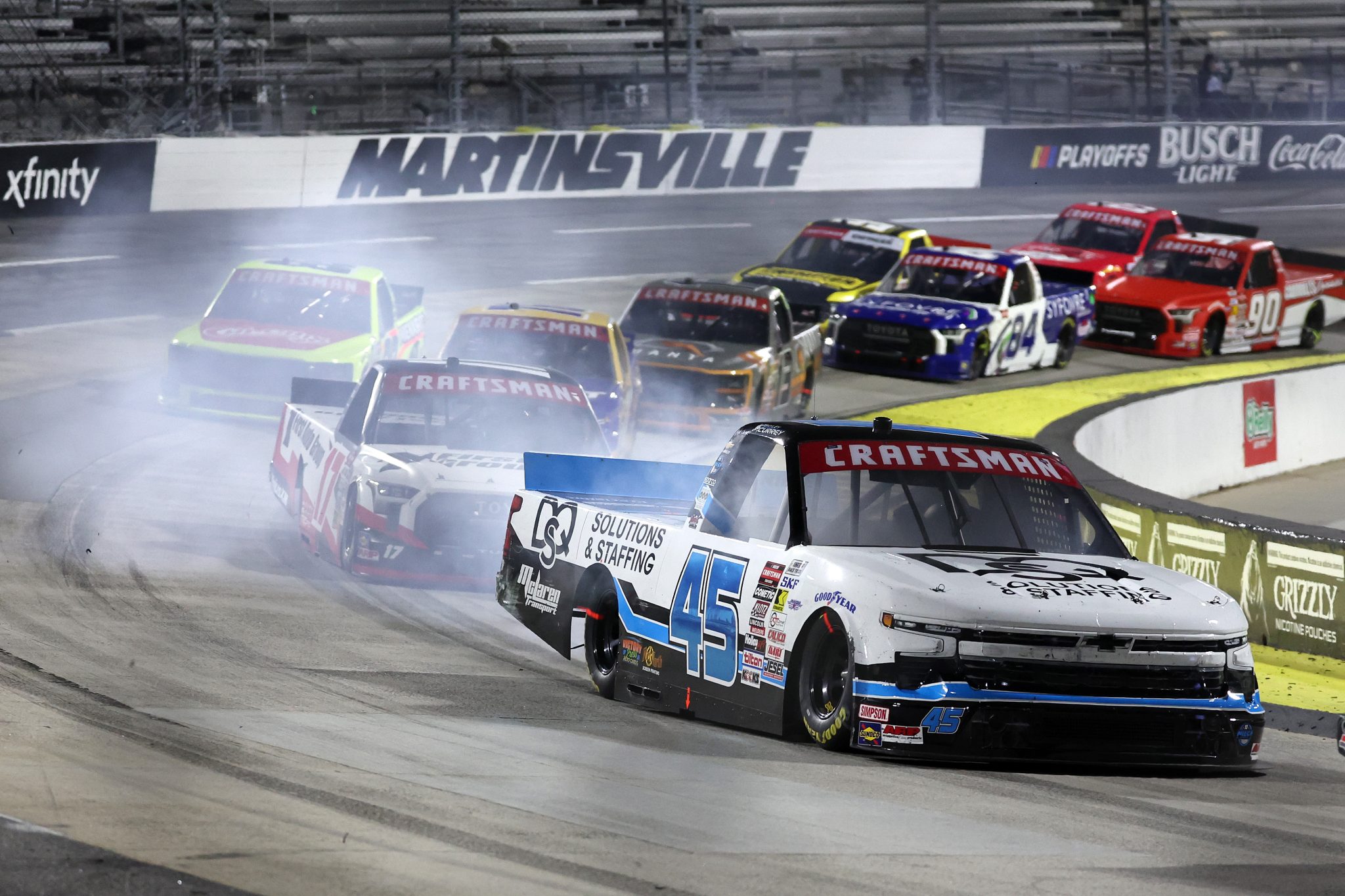 MARTINSVILLE, VIRGINIA - OCTOBER 24: Bayley Currey, driver of the #45 DQS Solutions & Staffing Chevrolet, drives during the NASCAR Craftsman Truck Slim Jim 200 at Martinsville Speedway on October 24, 2025 in Martinsville, Virginia. (Photo by David Jensen/Getty Images) | Getty Images