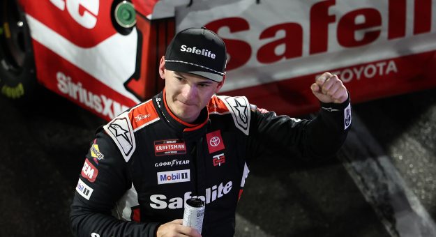MARTINSVILLE, VIRGINIA - OCTOBER 24: Corey Heim, driver of the #11 Safelite Toyota, celebrates after winning the NASCAR Craftsman Truck Slim Jim 200 at Martinsville Speedway on October 24, 2025 in Martinsville, Virginia. (Photo by David Jensen/Getty Images) | Getty Images