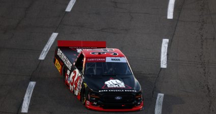 MARTINSVILLE, VIRGINIA - OCTOBER 24: Layne Riggs, driver of the #34 Bare Knuckle Boxing Ford, drives during the NASCAR Craftsman Truck Slim Jim 200 at Martinsville Speedway on October 24, 2025 in Martinsville, Virginia. (Photo by Jared C. Tilton/Getty Images) | Getty Images