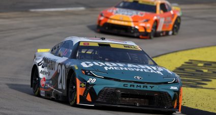 MARTINSVILLE, VIRGINIA - OCTOBER 25: Christopher Bell, driver of the #20 Coofandy Menswear Toyota, and Denny Hamlin, driver of the #11 King's Hawaiian Toyota, drive during practice for the NASCAR Cup Series Xfinity 500at Martinsville Speedway on October 25, 2025 in Martinsville, Virginia. (Photo by David Jensen/Getty Images) | Getty Images