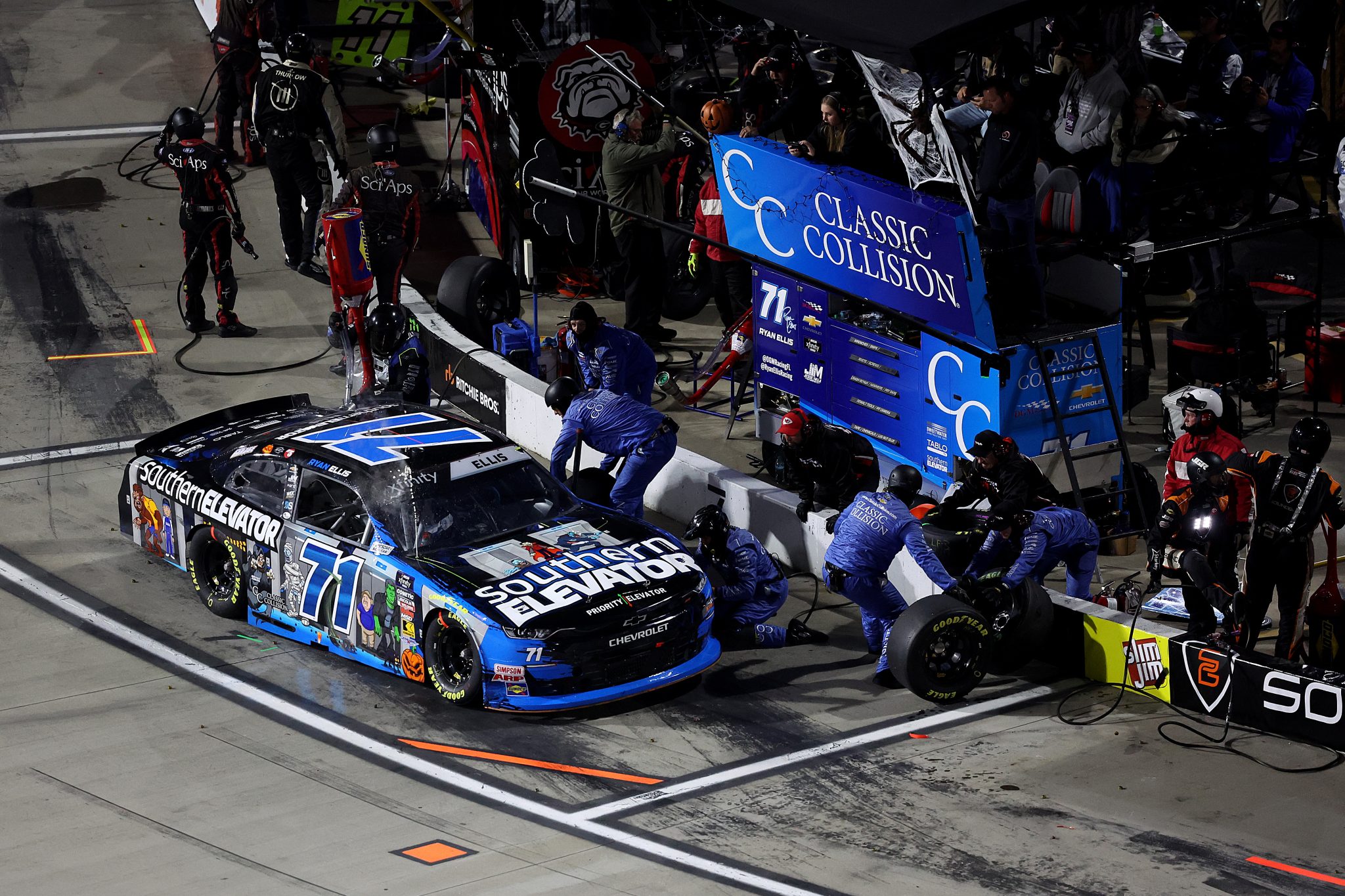 MARTINSVILLE, VIRGINIA - OCTOBER 25: Ryan Ellis, driver of the #71 Southern Elevator Chevrolet, pits during the NASCAR Xfinity Series IAA and Ritchie Bros. 250 at Martinsville Speedway on October 25, 2025 in Martinsville, Virginia. (Photo by David Jensen/Getty Images) | Getty Images
