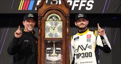 MARTINSVILLE, VIRGINIA - OCTOBER 25: Taylor Gray, driver of the #54 Operation 300 Toyota, and crew chief Jason Ratcliff celebrate in victory lane after winning  the NASCAR Xfinity Series IAA and Ritchie Bros. 250 at Martinsville Speedway on October 25, 2025 in Martinsville, Virginia. (Photo by David Jensen/Getty Images) | Getty Images