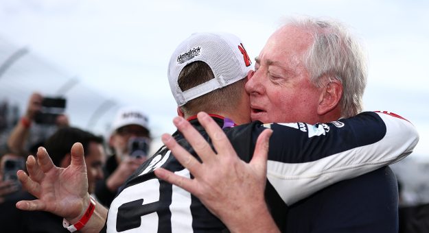 MARTINSVILLE, VIRGINIA - OCTOBER 26: William Byron, driver of the #24 Cincinnati Chevrolet, is congratulated by his father, Bill Byron after winning  the NASCAR Cup Series Xfinity 500 at Martinsville Speedway on October 26, 2025 in Martinsville, Virginia. (Photo by Jared C. Tilton/Getty Images) | Getty Images