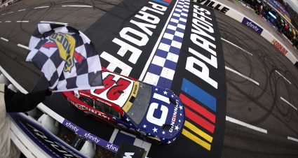 MARTINSVILLE, VIRGINIA - OCTOBER 26: William Byron, driver of the #24 Cincinnati Chevrolet, takes the checkered flag to win the NASCAR Cup Series Xfinity 500 at Martinsville Speedway on October 26, 2025 in Martinsville, Virginia. (Photo by David Jensen/Getty Images) | Getty Images