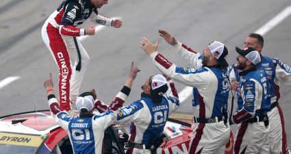 MARTINSVILLE, VIRGINIA - OCTOBER 26: William Byron, driver of the #24 Cincinnati Chevrolet, celebrates with his crew after winning the NASCAR Cup Series Xfinity 500 at Martinsville Speedway on October 26, 2025 in Martinsville, Virginia. (Photo by David Jensen/Getty Images) | Getty Images