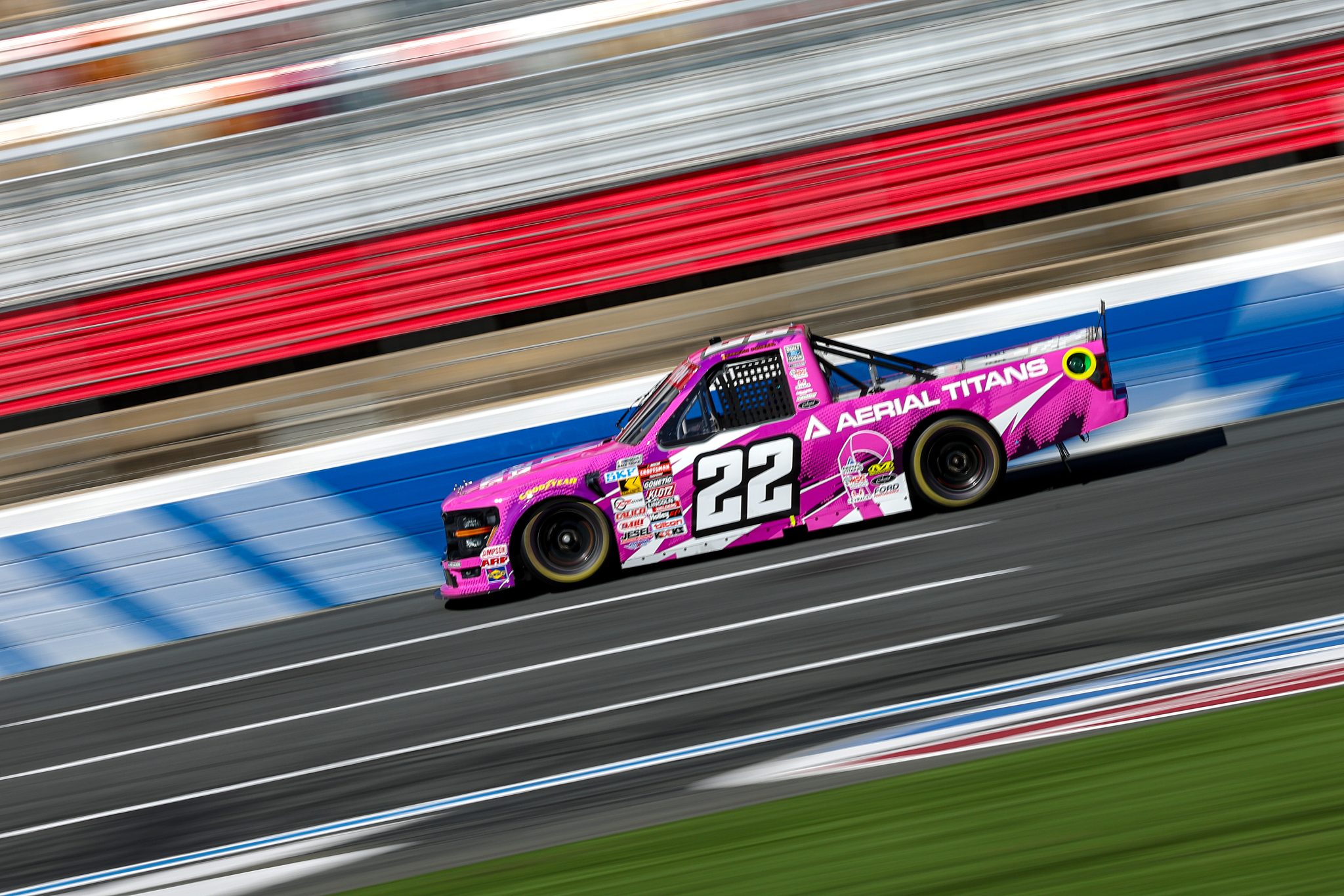 CONCORD, NORTH CAROLINA - OCTOBER 03: Josh Reaume, driver of the #22 Aerial Titans Ford, drives during practice for the NASCAR Craftsman Truck Series EcoSave 250 at Charlotte Motor Speedway on October 03, 2025 in Concord, North Carolina. (Photo by David Jensen/Getty Images) | Getty Images