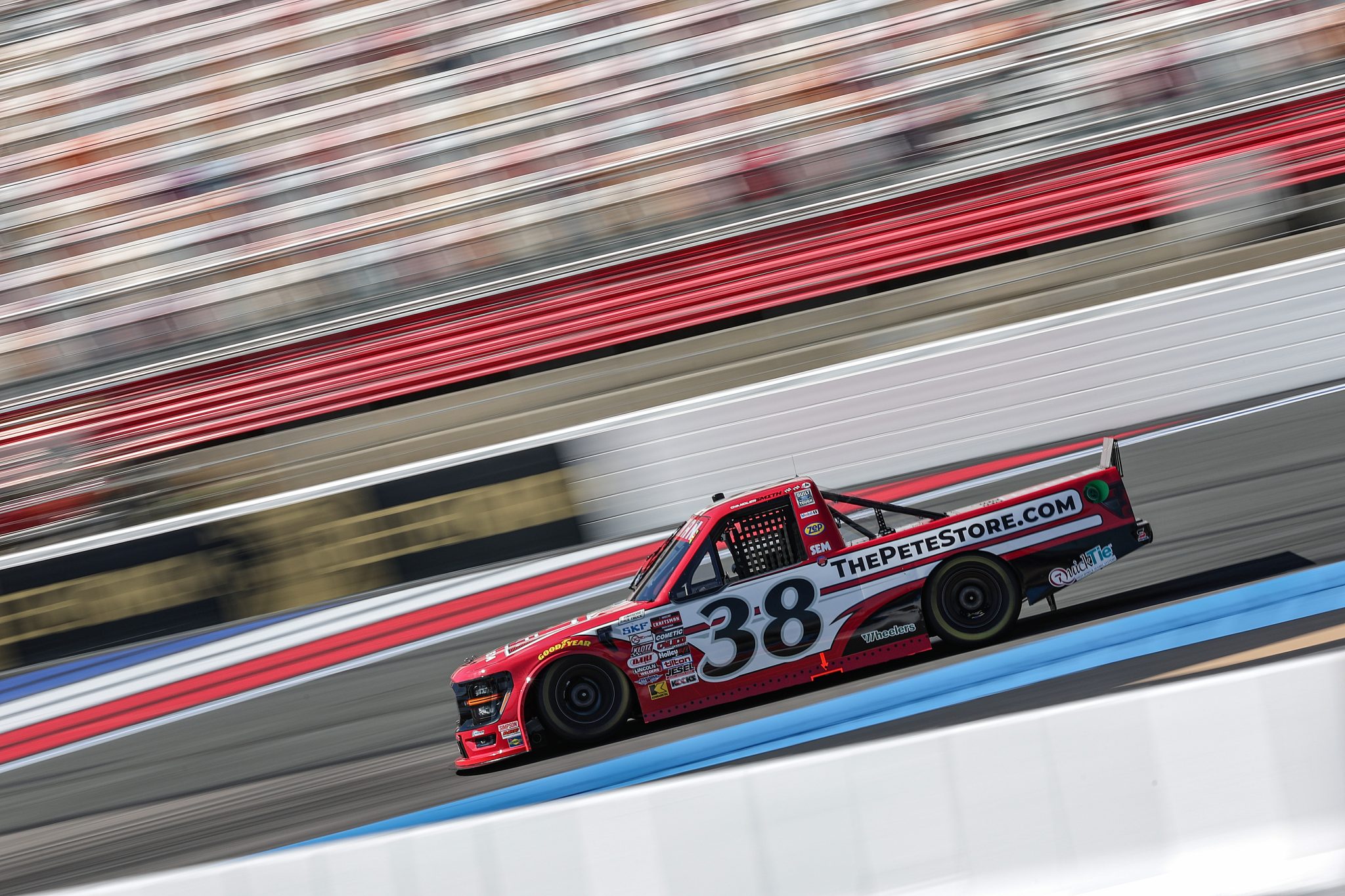 CONCORD, NORTH CAROLINA - OCTOBER 03: Chandler Smith, driver of the #38 The Pete Store Ford, drives during practice for the NASCAR Craftsman Truck Series EcoSave 250 at Charlotte Motor Speedway on October 03, 2025 in Concord, North Carolina. (Photo by David Jensen/Getty Images) | Getty Images