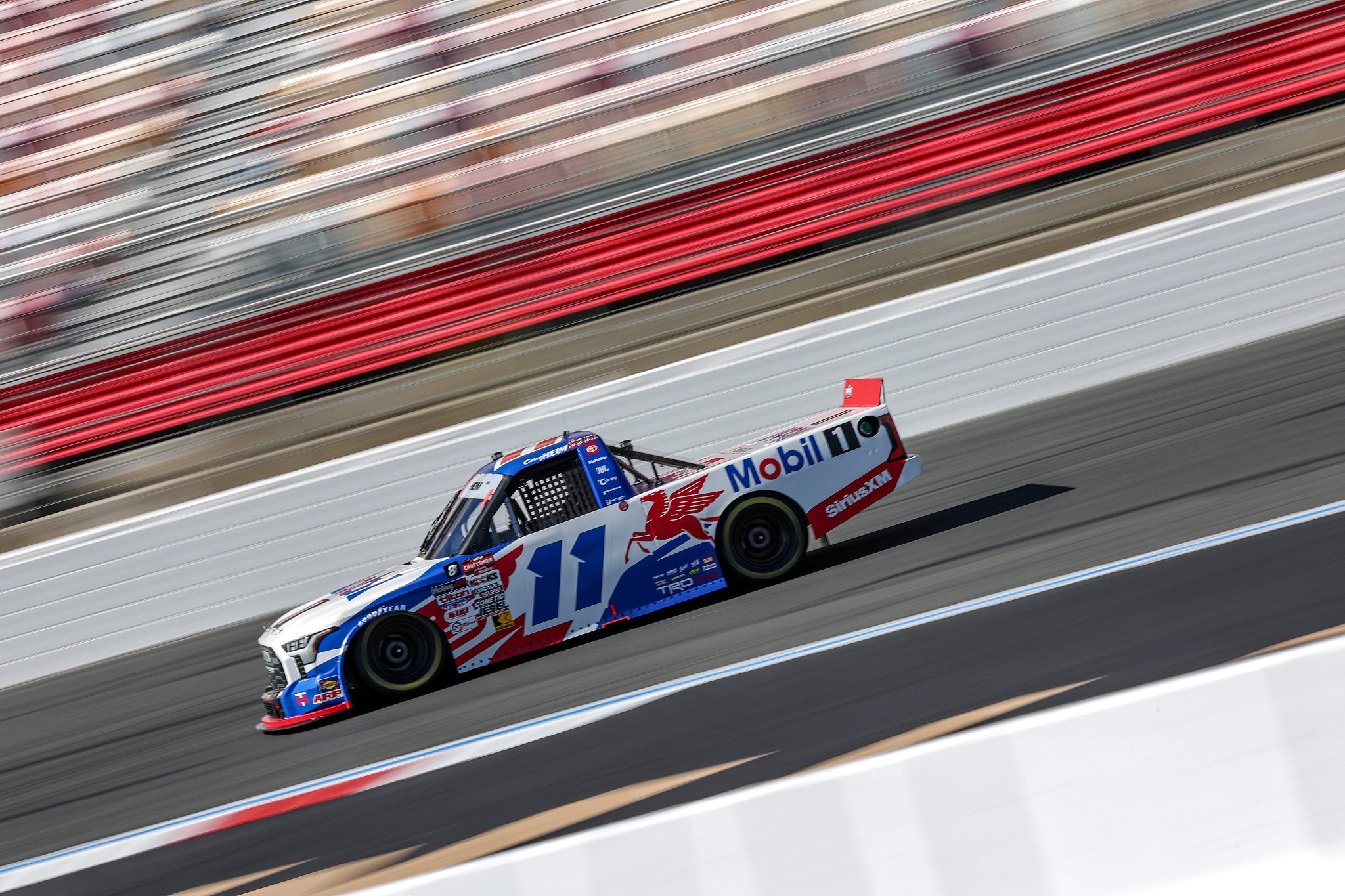 CONCORD, NORTH CAROLINA - OCTOBER 03: Corey Heim, driver of the #11 Mobil 1 Toyota, drives during practice for the NASCAR Craftsman Truck Series EcoSave 250 at Charlotte Motor Speedway on October 03, 2025 in Concord, North Carolina. (Photo by David Jensen/Getty Images) | Getty Images
