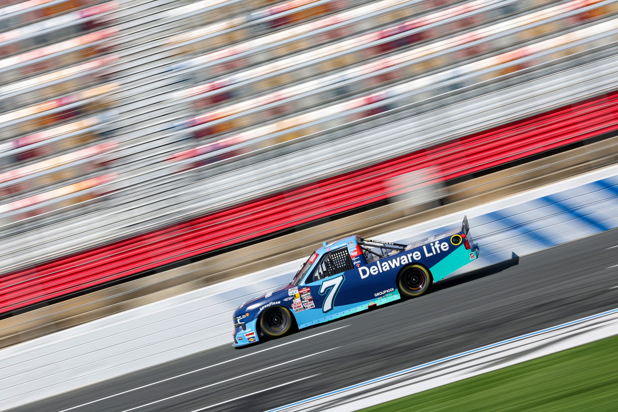 CONCORD, NORTH CAROLINA - OCTOBER 03: Connor Zilisch, driver of the #7 Delaware Life Chevrolet, drives during practice for the NASCAR Craftsman Truck Series EcoSave 250 at Charlotte Motor Speedway on October 03, 2025 in Concord, North Carolina. (Photo by David Jensen/Getty Images) | Getty Images