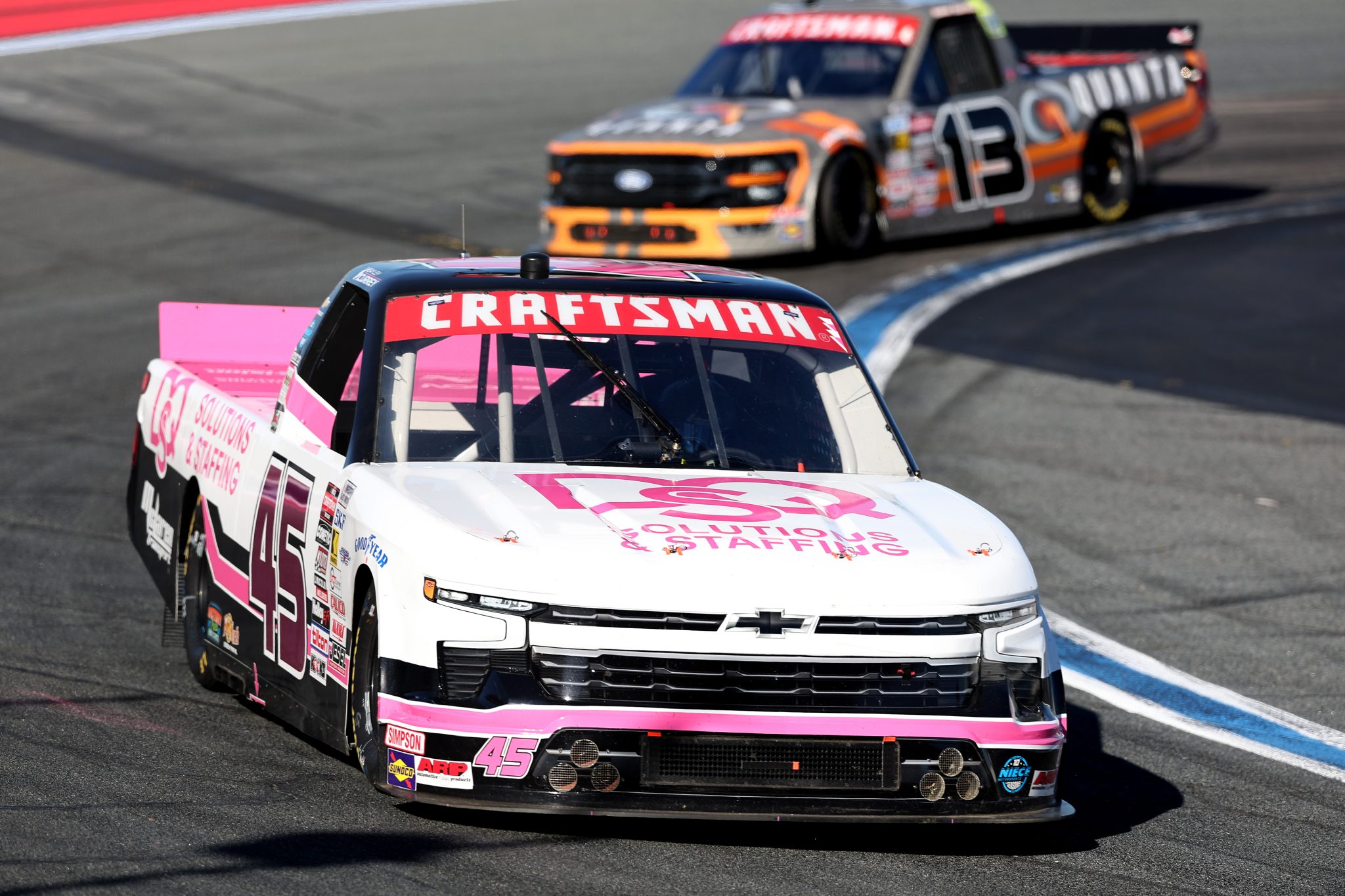 CONCORD, NORTH CAROLINA - OCTOBER 03: Bayley Currey, driver of the #45 DQS Solutions & Staffing Chevrolet, drives during the NASCAR Craftsman Truck Series EcoSave 250 at Charlotte Motor Speedway on October 03, 2025 in Concord, North Carolina. (Photo by David Jensen/Getty Images) | Getty Images