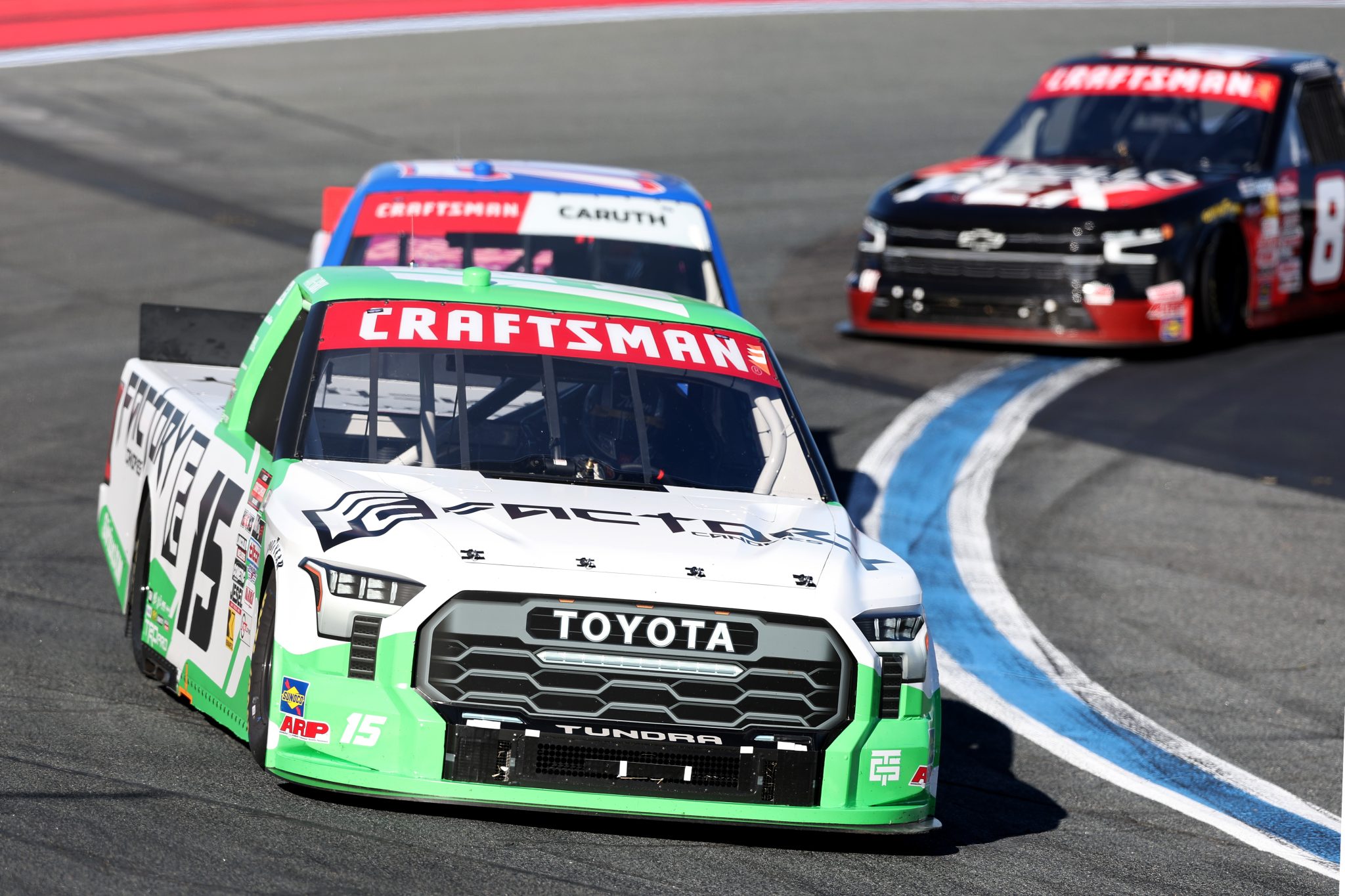 CONCORD, NORTH CAROLINA - OCTOBER 03: Tanner Gray, driver of the #15 Factory Canopies Toyota, drives during the NASCAR Craftsman Truck Series EcoSave 250 at Charlotte Motor Speedway on October 03, 2025 in Concord, North Carolina. (Photo by David Jensen/Getty Images) | Getty Images